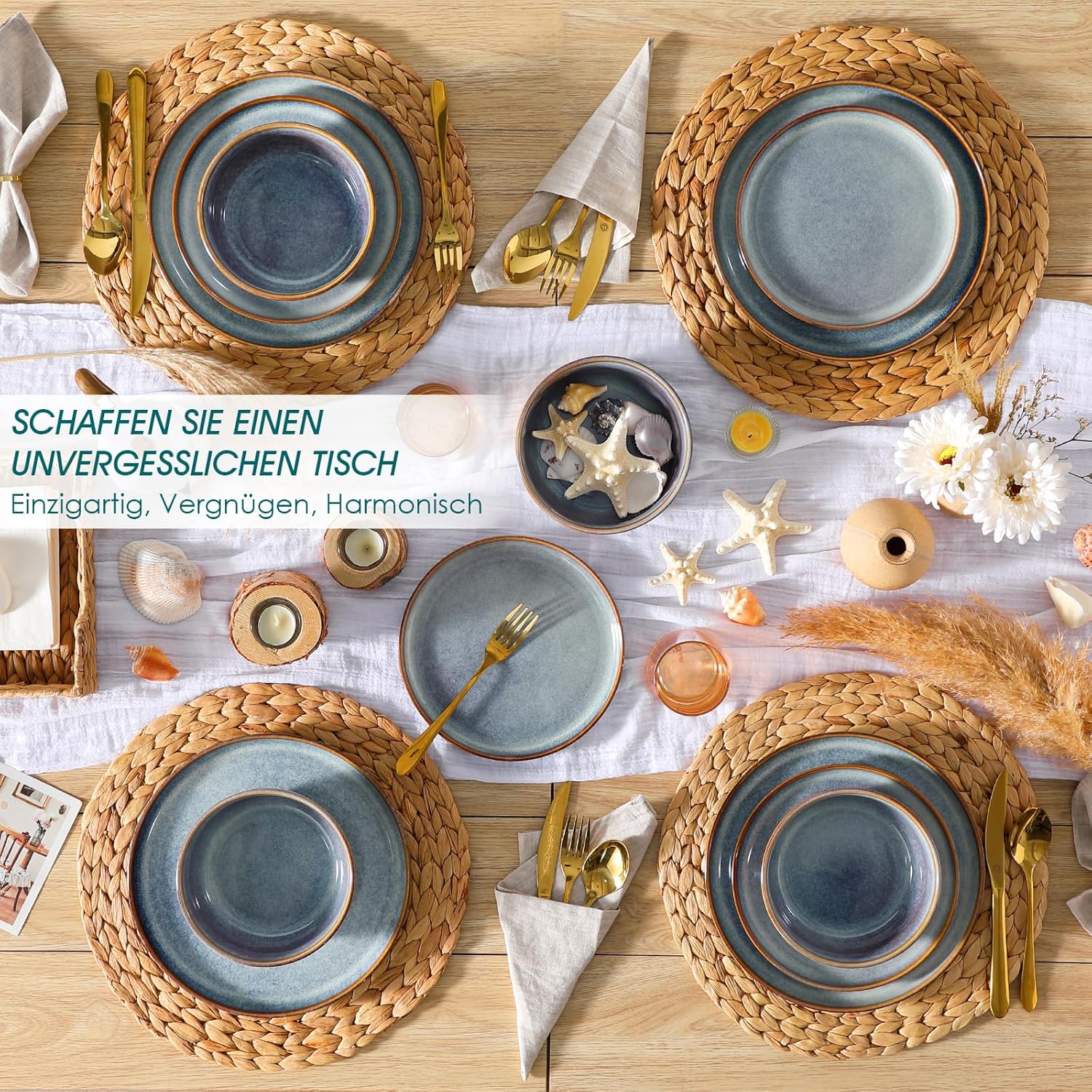 vancasso PLAYA Tafelservies voor 6 personen, 18-delig, modern, aardewerk serviesset, bevat kom, dessertborden en platte borden, vaatwasmachinebestendig, blauw Compleet assortiment servies: de moderne vancasso PLAYA serviesset voor 6 personen omvat 6 komme