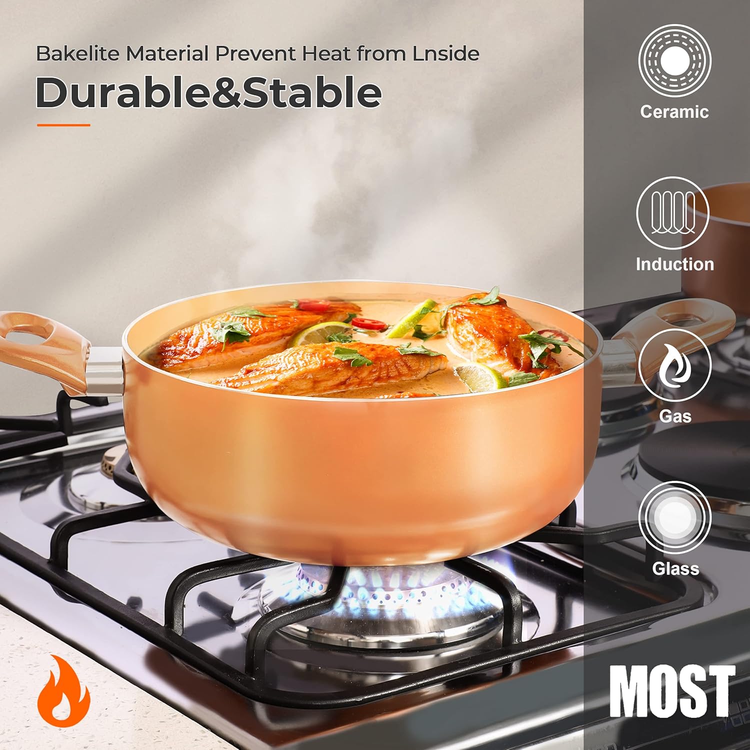 FRUITEAM 10 stks Kookgerei Set Keramische Nonstick Koekenpannenset Multifunctionele 10-delige kookgerei SetFRUITEAM keukengerei set bevat 8" & 10" koekenpan, 1,25-quart & 2-quart saus pan met deksel, 2,59 quart & 4,5-quart bouillonpot met deksel, voldoen