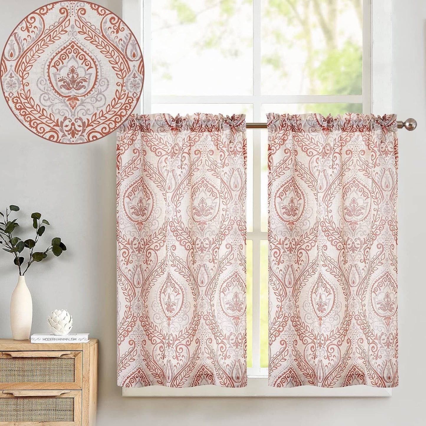 TOPICK Bloemen Keuken Gordijnen 61 cm Drop Linnen Doorschijnend Korte Cafe Botanische Print Kleine Raam Rod Pocket voor Wasruimte Badkamer 2 Panelen Verbena Grijs Verpakking: je ontvangt 2 gordijnen van 85% polyester+15% linnen. De afmetingen per stuk zij