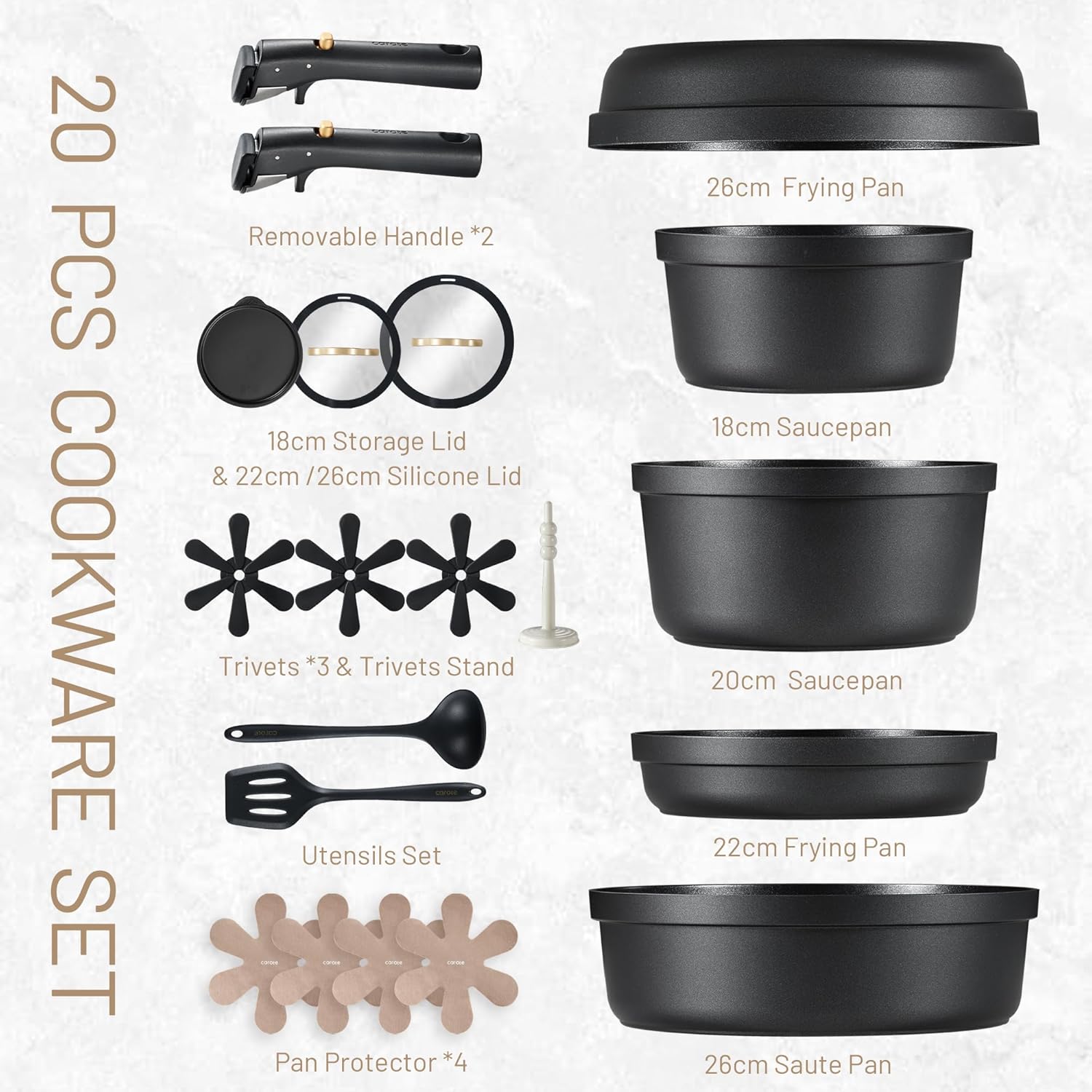 CAROTE Pannenset met afneembare handgrepen 20-delig anti-aanbak kookgerei Over dit item CAROTE Pannen/pannenset met afneembare handgrepen, pan, steelpan, wok, anti-aanbaklaag, koken, stapelbare pan, inductie, ovenbestendig, vaatwasser Voor een opgeruimde