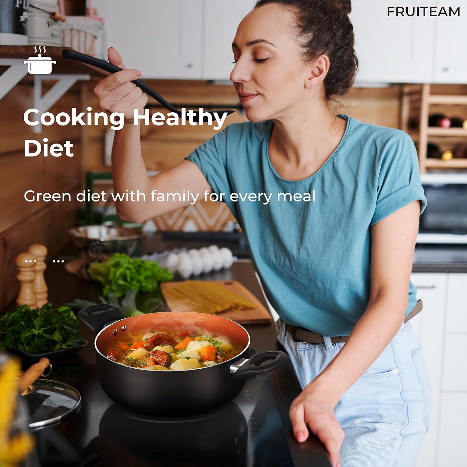 FRUITEAM 10 stks Kookgerei Set Keramische Nonstick Koekenpannenset Multifunctionele 10-delige kookgerei SetFRUITEAM keukengerei set bevat 8" & 10" koekenpan, 1,25-quart & 2-quart saus pan met deksel, 2,59 quart & 4,5-quart bouillonpot met deksel, voldoen