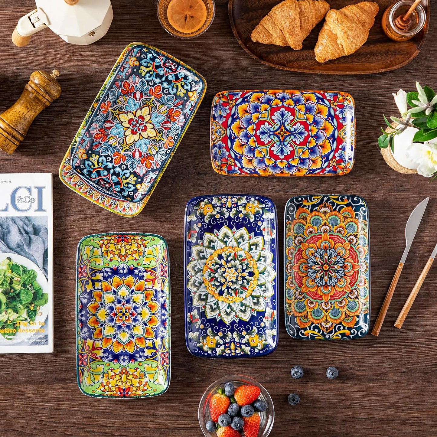 vancasso SIMI Serveerborden, porselein, rechthoekige bordenset, 6-delige Boheemse platte borden, bordenset voor 6 personen, 22 x 13 x 2,3 cm Uniek Boheems design: deze prachtige keramische set met sushi-borden en vervlochten bohemienpatroon geeft je eetta