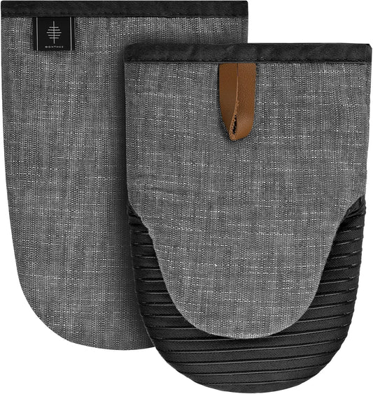 BONTHEE Ovenhandschoenen, hittebestendige mini-ovenhandschoenen, katoenen kookhandschoenen met anti-slip siliconen gestreepte bakhandschoenen voor koken bakken, set van 2, blauw [Afmetingen]: 24 cm x 16 cm (l x b), 2 stuks mini-ovenhandschoenen. Ze zijn g