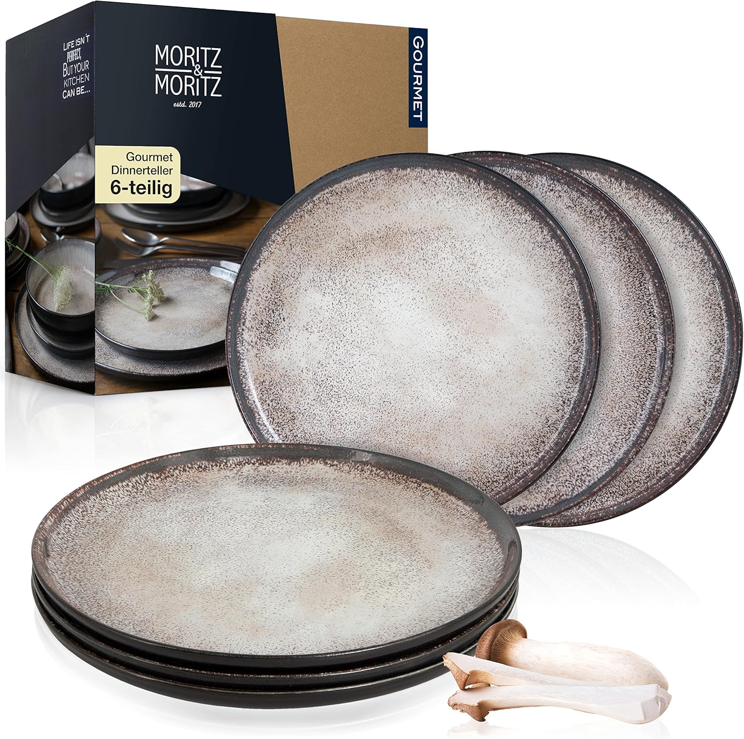 Moritz & Moritz VIDA 18-delige serviesset 6 personen, keramiek tafelservies zwart-beige, vaatwasser-, magnetron- en krasbestendig, borden set met 6 platte borden, 6 soepborden en 6 ontbijtborden VOLLEDIGE-SET - 18-delige bordenset bestaande uit 6 platte d