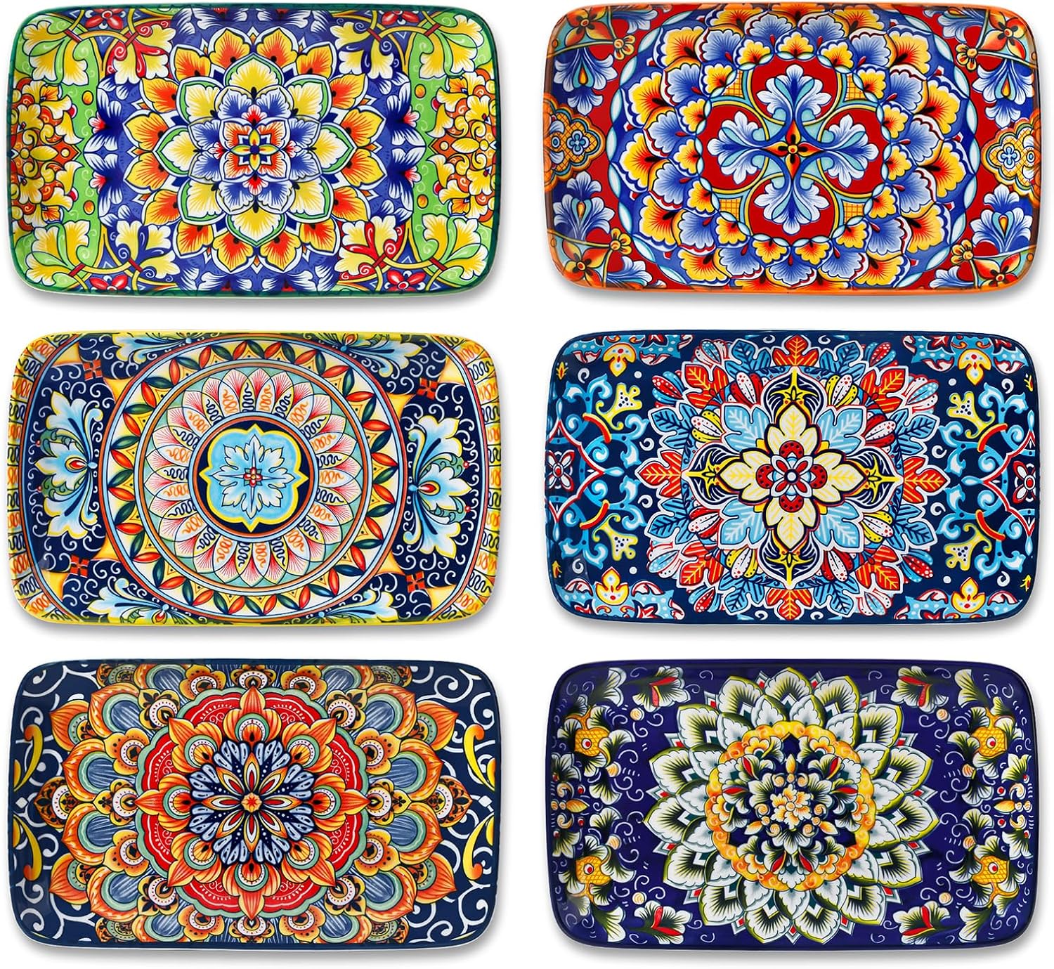 vancasso SIMI Serveerborden, porselein, rechthoekige bordenset, 6-delige Boheemse platte borden, bordenset voor 6 personen, 22 x 13 x 2,3 cm Uniek Boheems design: deze prachtige keramische set met sushi-borden en vervlochten bohemienpatroon geeft je eetta