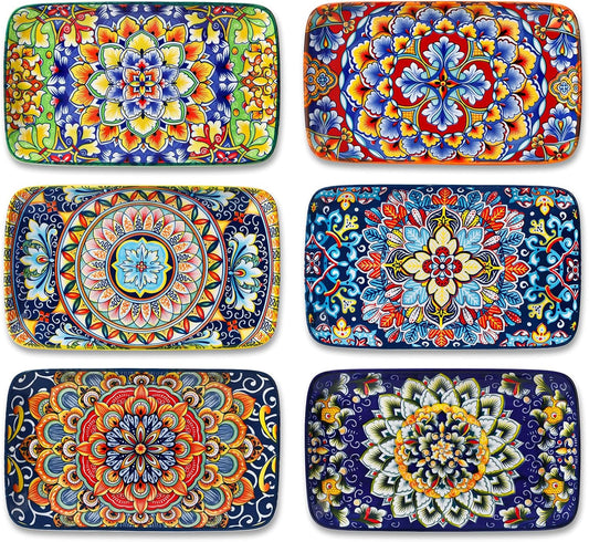 vancasso SIMI Serveerborden, porselein, rechthoekige bordenset, 6-delige Boheemse platte borden, bordenset voor 6 personen, 22 x 13 x 2,3 cm Uniek Boheems design: deze prachtige keramische set met sushi-borden en vervlochten bohemienpatroon geeft je eetta