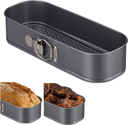 Relaxdays springvorm rechthoekig, antiaanbaklaag, vlakke bodem, cakevorm, biscuitgebak, 31 x 12 cm, antraciet Bakplezier: Professionele bakvorm met ronde hoeken voor lekkere cakes of vers brood Robuust: De springvorm van robuust en hittebestendig materiaa