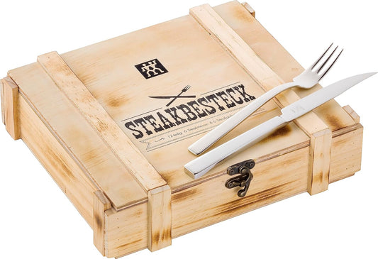 ZWILLING Steakbestekset voor 6 personen, 12-delig Over dit item Hoogwaardig steakbestek bestaande uit 6 vorken en 6 messen met getande messen, ideaal voor vleesliefhebbers, als cadeau of voor gebruik bij barbecuefeestjes Ideaal voor alle steaksoorten: ste