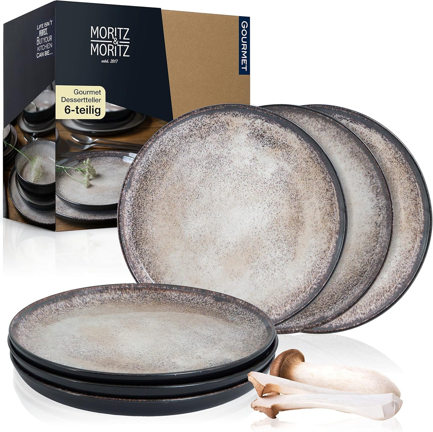 Moritz & Moritz VIDA 18-delige serviesset 6 personen, keramiek tafelservies zwart-beige, vaatwasser-, magnetron- en krasbestendig, borden set met 6 platte borden, 6 soepborden en 6 ontbijtborden VOLLEDIGE-SET - 18-delige bordenset bestaande uit 6 platte d