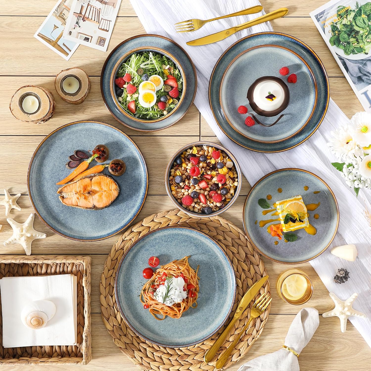 vancasso PLAYA Tafelservies voor 6 personen, 18-delig, modern, aardewerk serviesset, bevat kom, dessertborden en platte borden, vaatwasmachinebestendig, blauw Compleet assortiment servies: de moderne vancasso PLAYA serviesset voor 6 personen omvat 6 komme