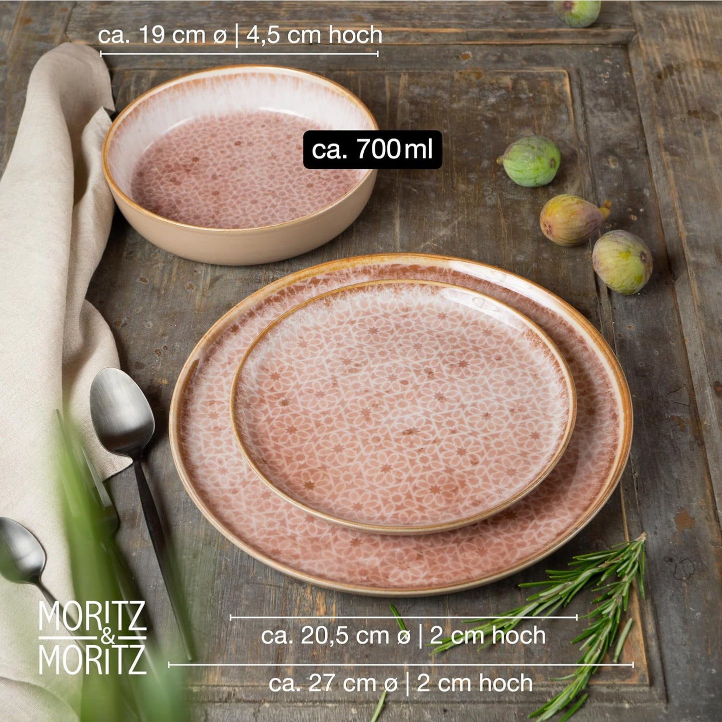 Moritz & Moritz TERRA 18-delige serviesset voor 6 personen, bordenset in zacht roze, van hoogwaardig porselein, serviesset voor 6 personen, elk 6 x platte borden, dessertborden en kommen 18-delige serviesset verander elke maaltijd in een onvergetelijke er