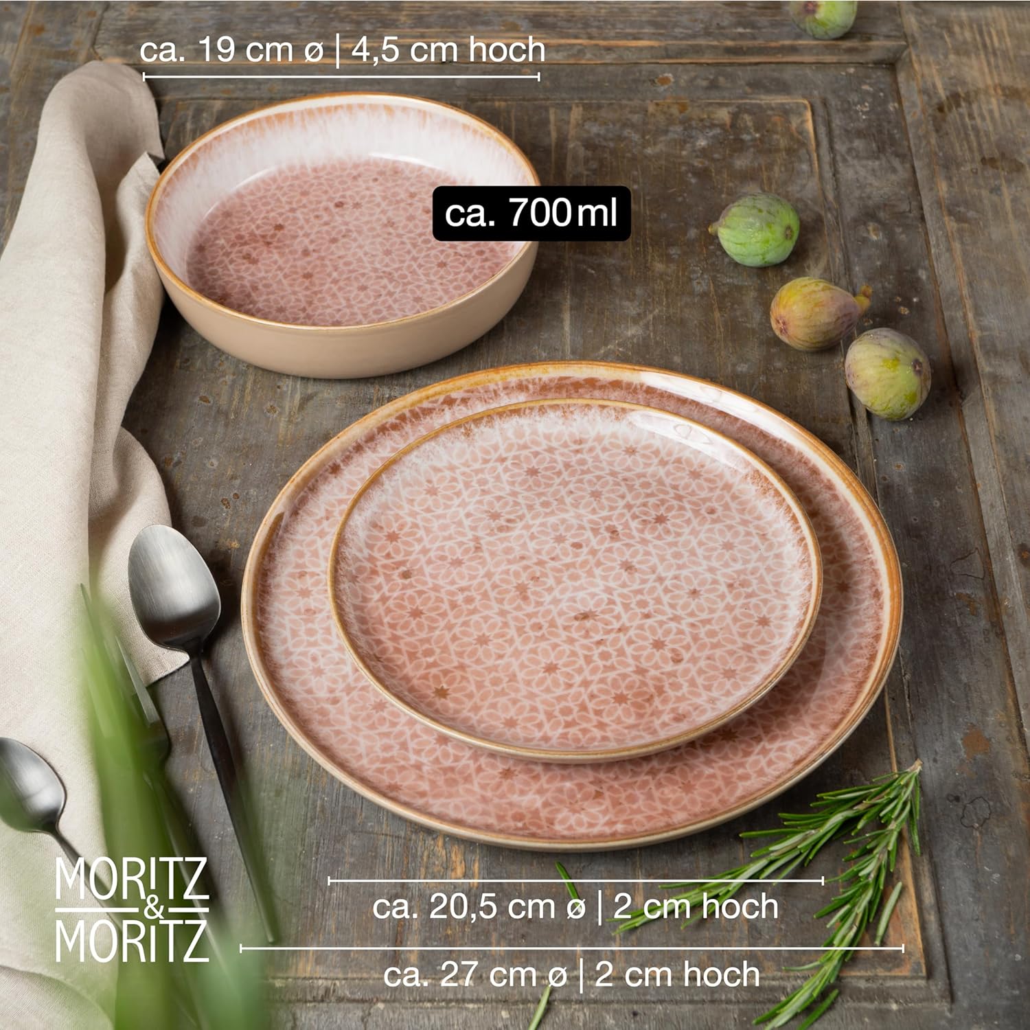 Moritz & Moritz TERRA 18-delige serviesset voor 6 personen, bordenset in zacht roze, van hoogwaardig porselein, serviesset voor 6 personen, elk 6 x platte borden, dessertborden en kommen 18-delige serviesset verander elke maaltijd in een onvergetelijke er