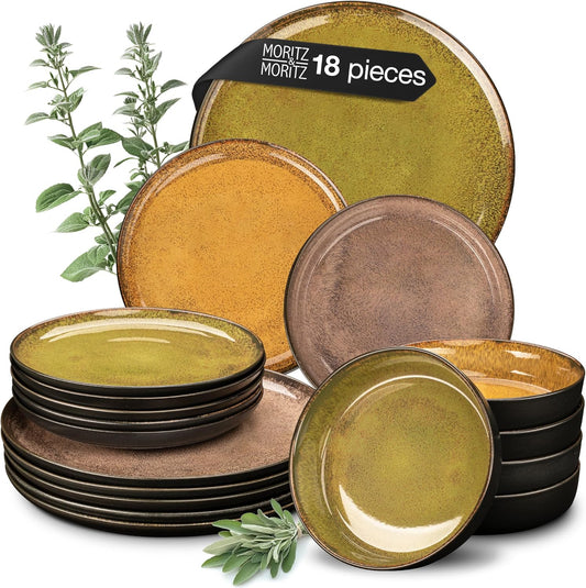 Moritz & Moritz VIDA 18-delige serviesset 6 personen, keramiek tafelservies vintage, vaatwasser-, magnetron- en krasbestendig, borden set met 6 platte borden, 6 soepborden en 6 ontbijtborden VOLLEDIGE-SET - 18-delige bordenset bestaande uit 6 platte diner