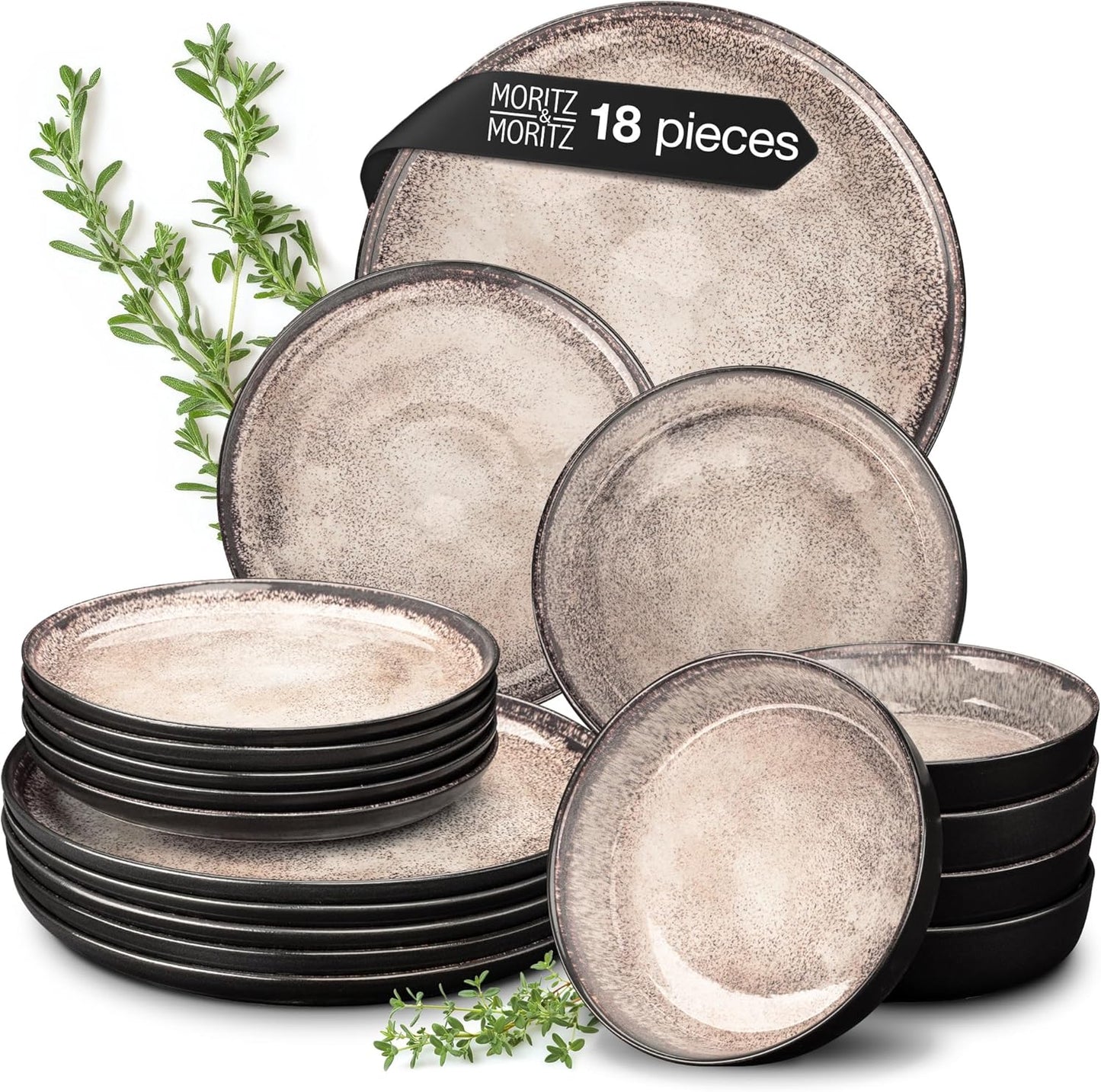 Moritz & Moritz VIDA 18-delige serviesset 6 personen, keramiek tafelservies zwart-beige, vaatwasser-, magnetron- en krasbestendig, borden set met 6 platte borden, 6 soepborden en 6 ontbijtborden VOLLEDIGE-SET - 18-delige bordenset bestaande uit 6 platte d