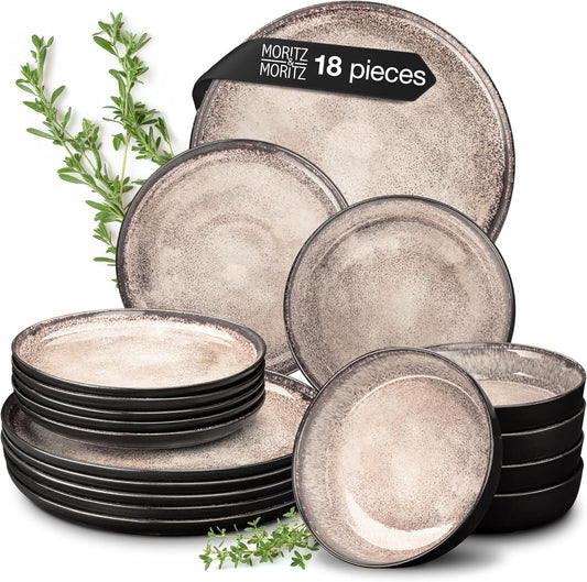 Moritz & Moritz VIDA 18-delige serviesset 6 personen, keramiek tafelservies zwart-beige, vaatwasser-, magnetron- en krasbestendig, borden set met 6 platte borden, 6 soepborden en 6 ontbijtborden VOLLEDIGE-SET - 18-delige bordenset bestaande uit 6 platte d