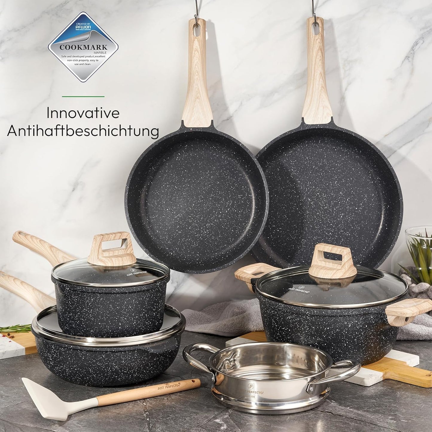 Just Perfecto Pannenset Inductie Non-Stick Pannen - Glazen Deksel Over dit item Ongeëvenaarde Kwaliteit: Onze pannensets zijn met precisie vervaardigd van hoogwaardige materialen, waaronder duurzaam roestvrij staal en innovatieve anti-aanbaklagen. Hierdoo