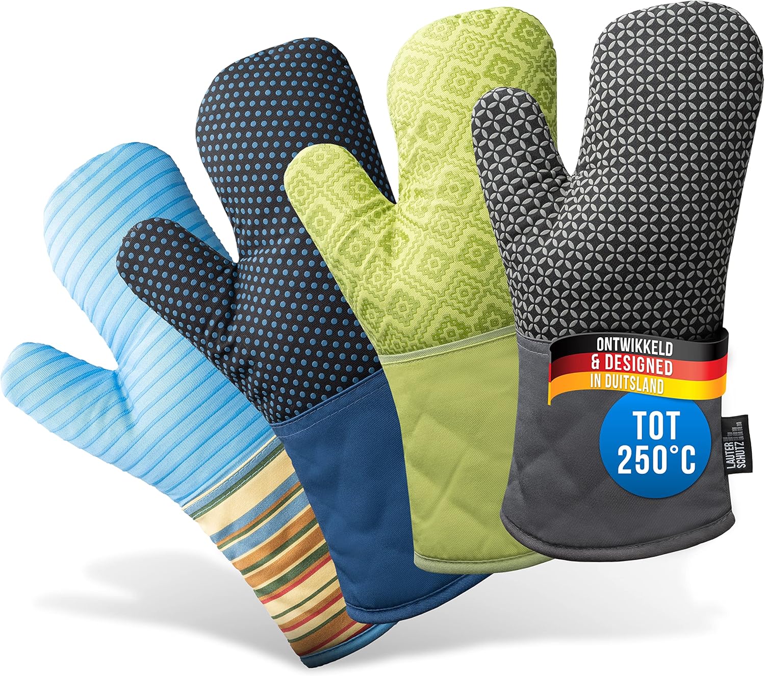 LauterSchutz® Ovenwanten per paar - met siliconen coating voor optimale grip en hittebestendigheid (contactwarmte: 250°C) in diverse kleuren (Gekleurd/lichtblauw) ✅ LauterSchutz - DE ORIGINELE, ONTWIKKELD EN ONTWORPELD IN DUITSLAND - De LauterSchutz ovenw
