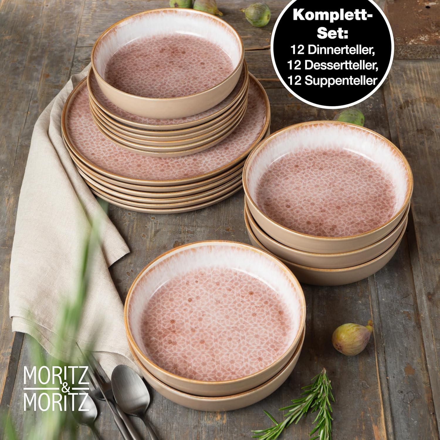 Moritz & Moritz TERRA 18-delige serviesset voor 6 personen, bordenset in zacht roze, van hoogwaardig porselein, serviesset voor 6 personen, elk 6 x platte borden, dessertborden en kommen 18-delige serviesset verander elke maaltijd in een onvergetelijke er