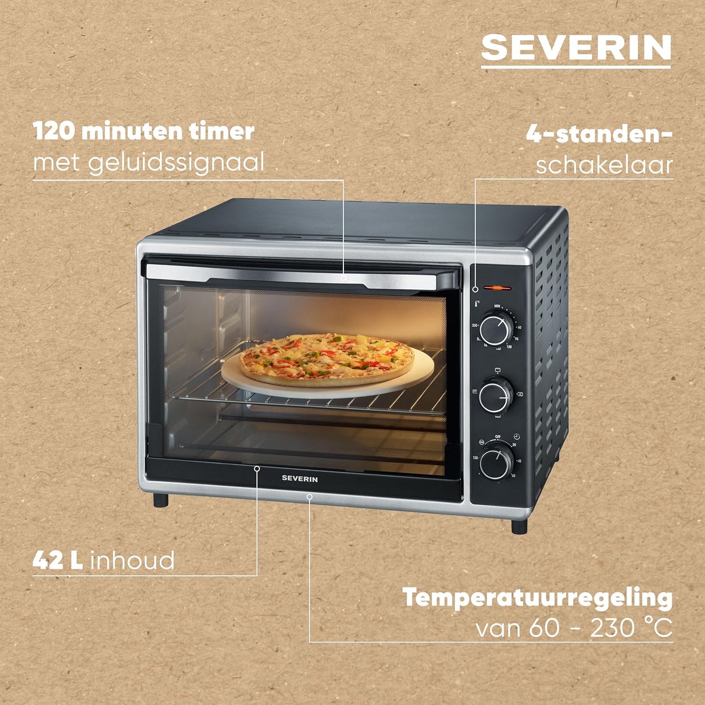 Severin To 2058 Bak-Toastoven, met Convectiefunctie, 1800 W, Incl. Pizzasteen, Zilver/Zwart Betrouwbare en praktische bak- en toastoven met recirculatiefunctie voor het bereiden van ovenschotels zoals frites, pizza of gebakken brood en cake - inclusief pi