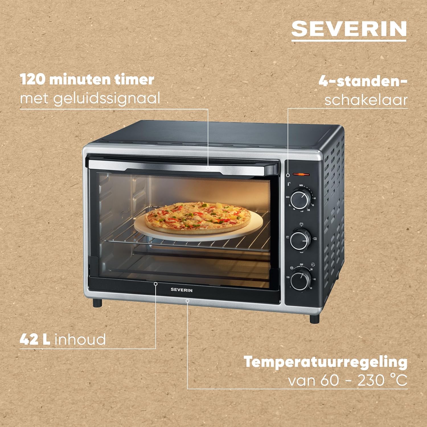 Severin To 2058 Bak-Toastoven, met Convectiefunctie, 1800 W, Incl. Pizzasteen, Zilver/Zwart Betrouwbare en praktische bak- en toastoven met recirculatiefunctie voor het bereiden van ovenschotels zoals frites, pizza of gebakken brood en cake - inclusief pi