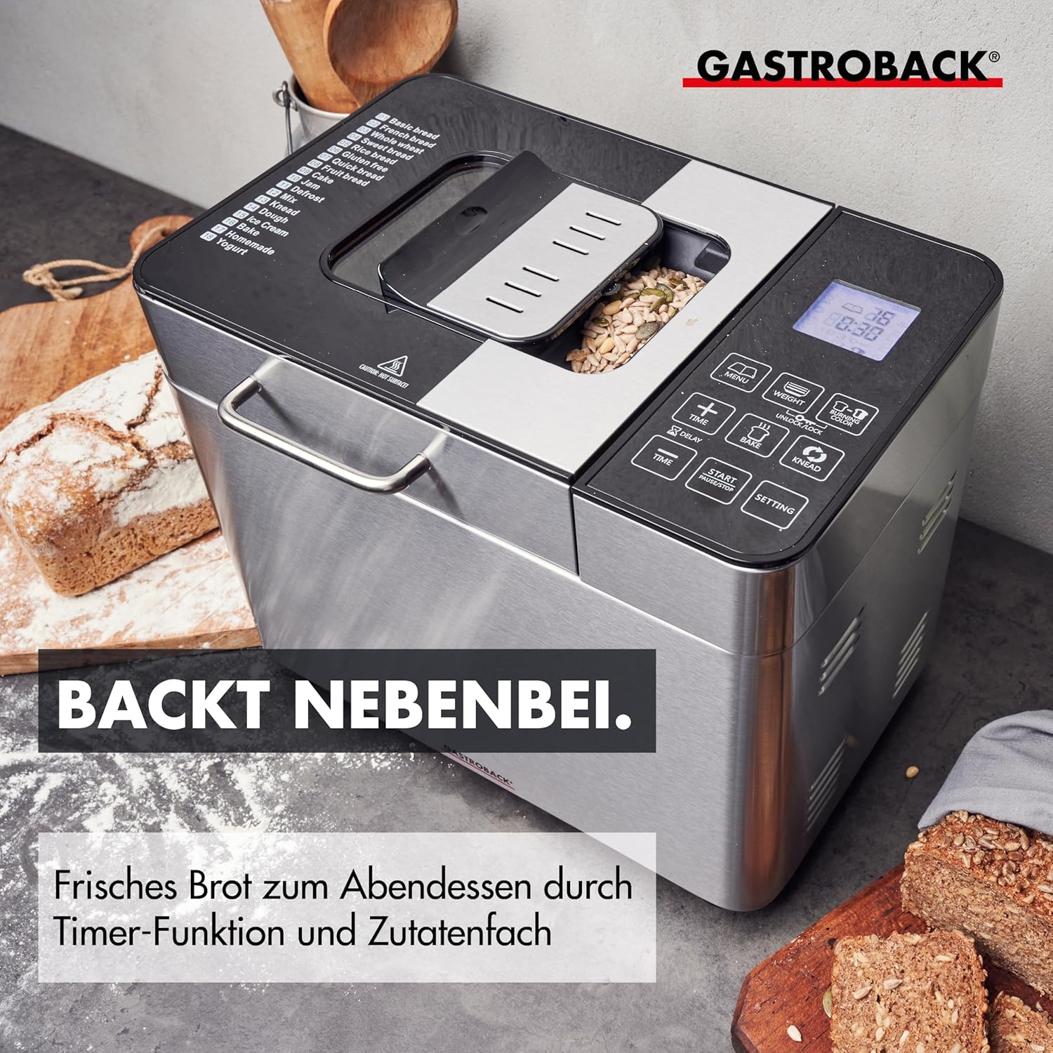 Gastroback 42823 Design broodbakmachine Advanced Productbeschrijving Gastroback 42823 Design broodbakmachine Advanced, roestvrij staal, 18 programma's, automatisch ingrediëntenvak, voor 500 g, 750 g en 1.000 g brood, kijkvenster, timer, 18/8, zilver Inhou