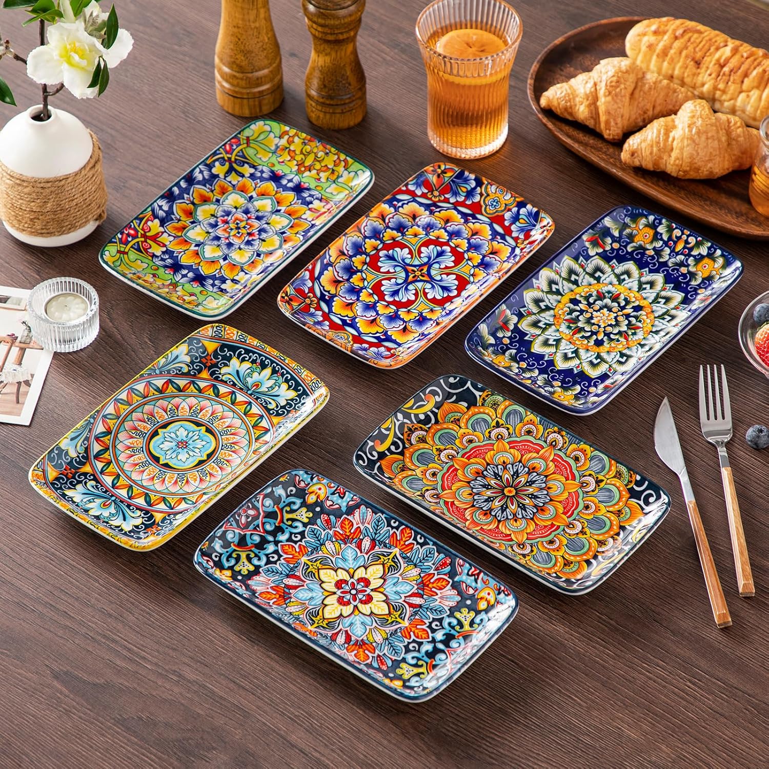 vancasso SIMI Serveerborden, porselein, rechthoekige bordenset, 6-delige Boheemse platte borden, bordenset voor 6 personen, 22 x 13 x 2,3 cm Uniek Boheems design: deze prachtige keramische set met sushi-borden en vervlochten bohemienpatroon geeft je eetta