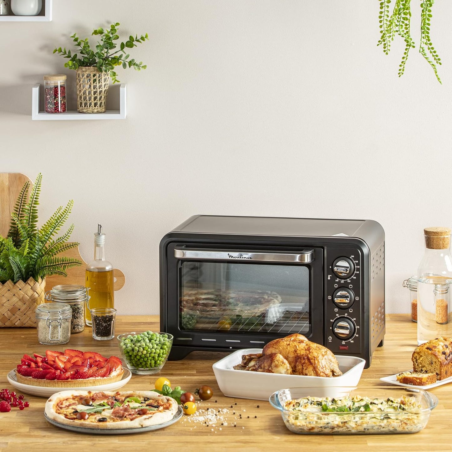 Moulinex Elektrische convectie oven 19 l compact Krachtige oven: compacte elektrische mini-oven met convectiewarmte, perfect voor dagelijkse gerechten Snel en homogeen koken: dankzij de roterende warmtefunctie krijg je in een mum van tijd perfecte bakresu