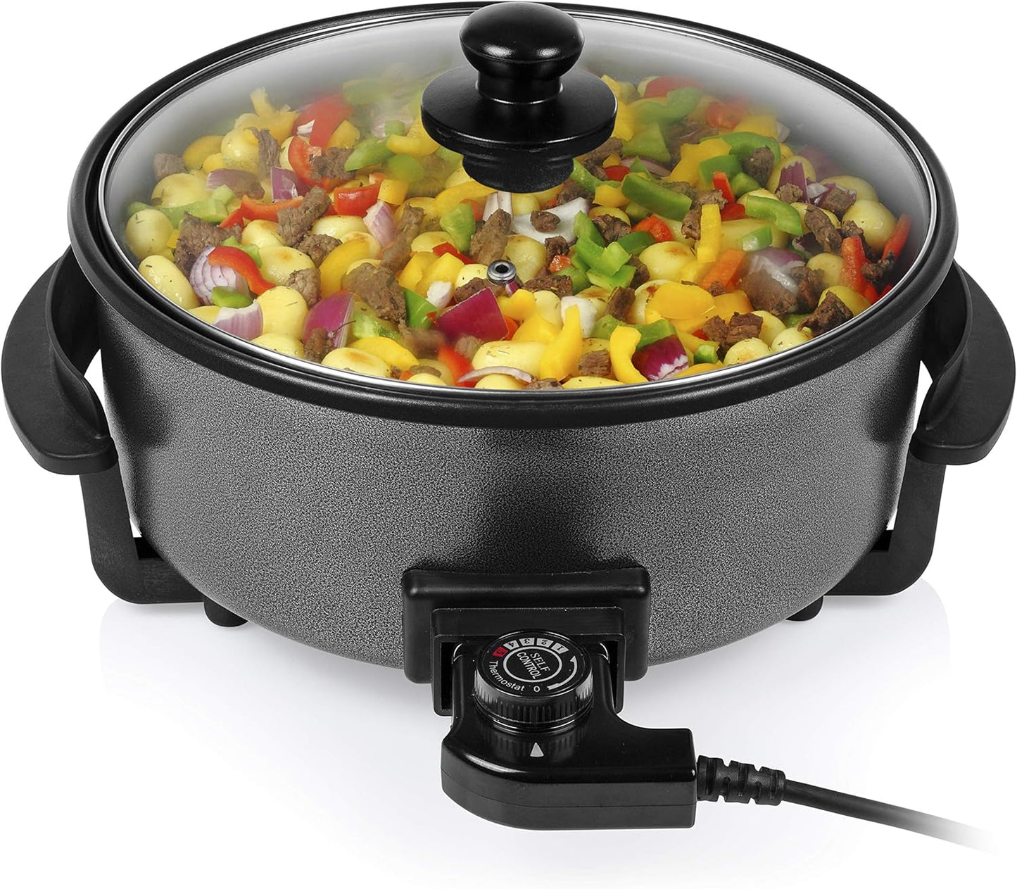 Tristar PZ-9145 Elektrische Hapjespan - Diameter 40 cm Inhoud 7,5 Liter 1500 Watt XXL Capaciteit voor veelzijdig koken: De multifunctionele Tristar grillpan heeft een indrukwekkende diameter van 40 cm en een hoogte van 9 cm, wat voldoende ruimte biedt om