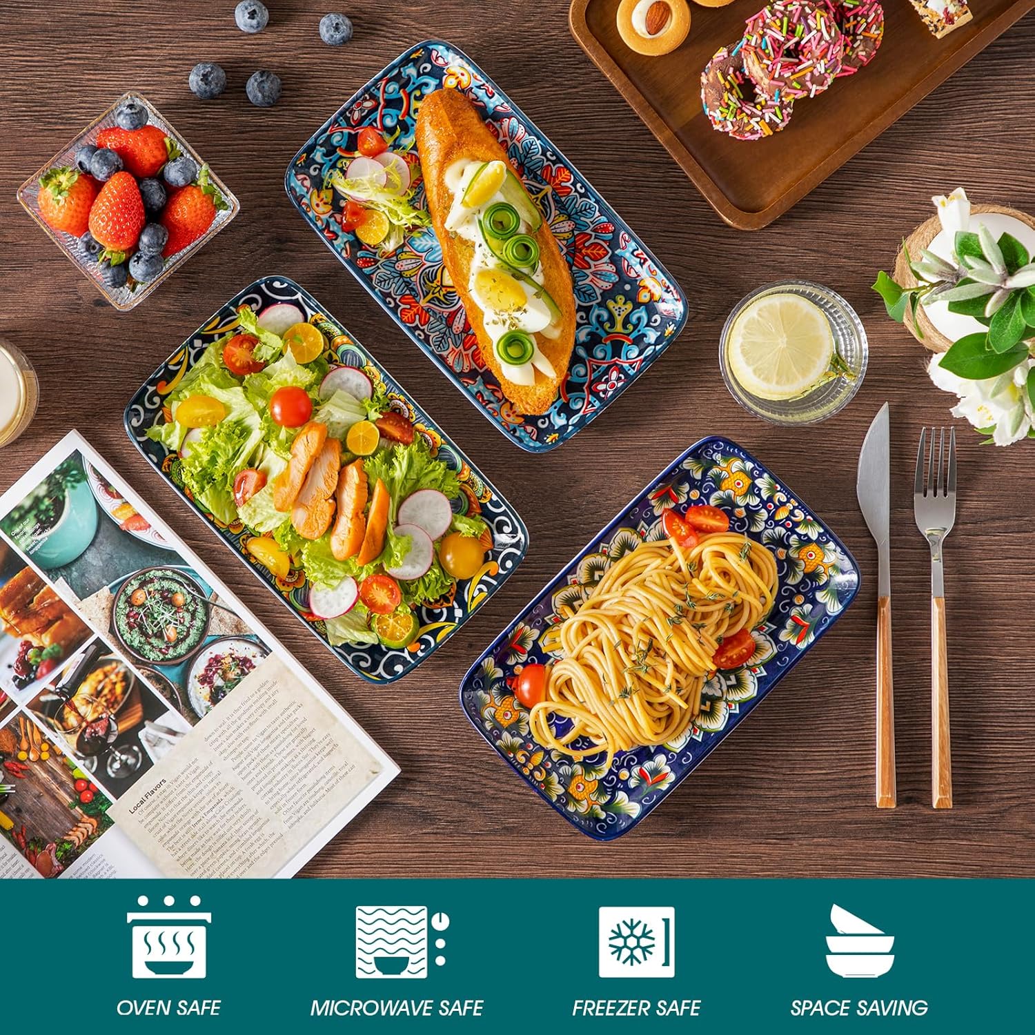 vancasso SIMI Serveerborden, porselein, rechthoekige bordenset, 6-delige Boheemse platte borden, bordenset voor 6 personen, 22 x 13 x 2,3 cm Uniek Boheems design: deze prachtige keramische set met sushi-borden en vervlochten bohemienpatroon geeft je eetta