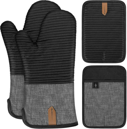 BONTHEE Set van 4 pannenlappen set ovenwanten hittebestendige extra lange ovenwanten met anti-slip siliconen gestreepte kookhandschoenen voor koken bakken - set van 4 - grijs [Afmetingen] 2 pannenlappen: 25,4 x 17,7 cm, 2 ovenwanten: 35,5 x 18,5 cm; Duurz