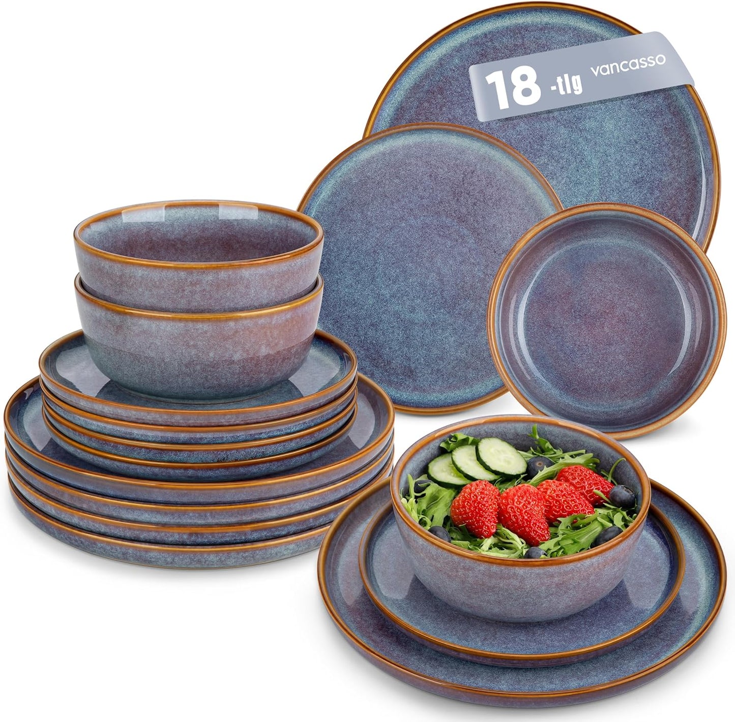 vancasso PLAYA Tafelservies voor 6 personen, 18-delig, modern, aardewerk serviesset, bevat kom, dessertborden en platte borden, vaatwasmachinebestendig, blauw Compleet assortiment servies: de moderne vancasso PLAYA serviesset voor 6 personen omvat 6 komme
