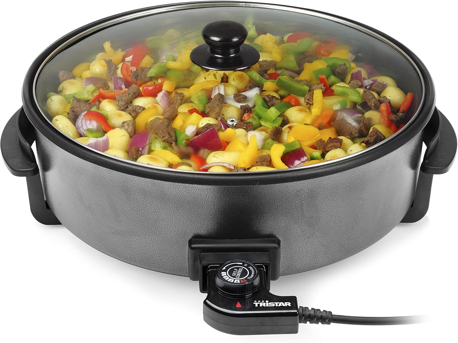 Tristar PZ-9145 Elektrische Hapjespan - Diameter 40 cm Inhoud 7,5 Liter 1500 Watt XXL Capaciteit voor veelzijdig koken: De multifunctionele Tristar grillpan heeft een indrukwekkende diameter van 40 cm en een hoogte van 9 cm, wat voldoende ruimte biedt om