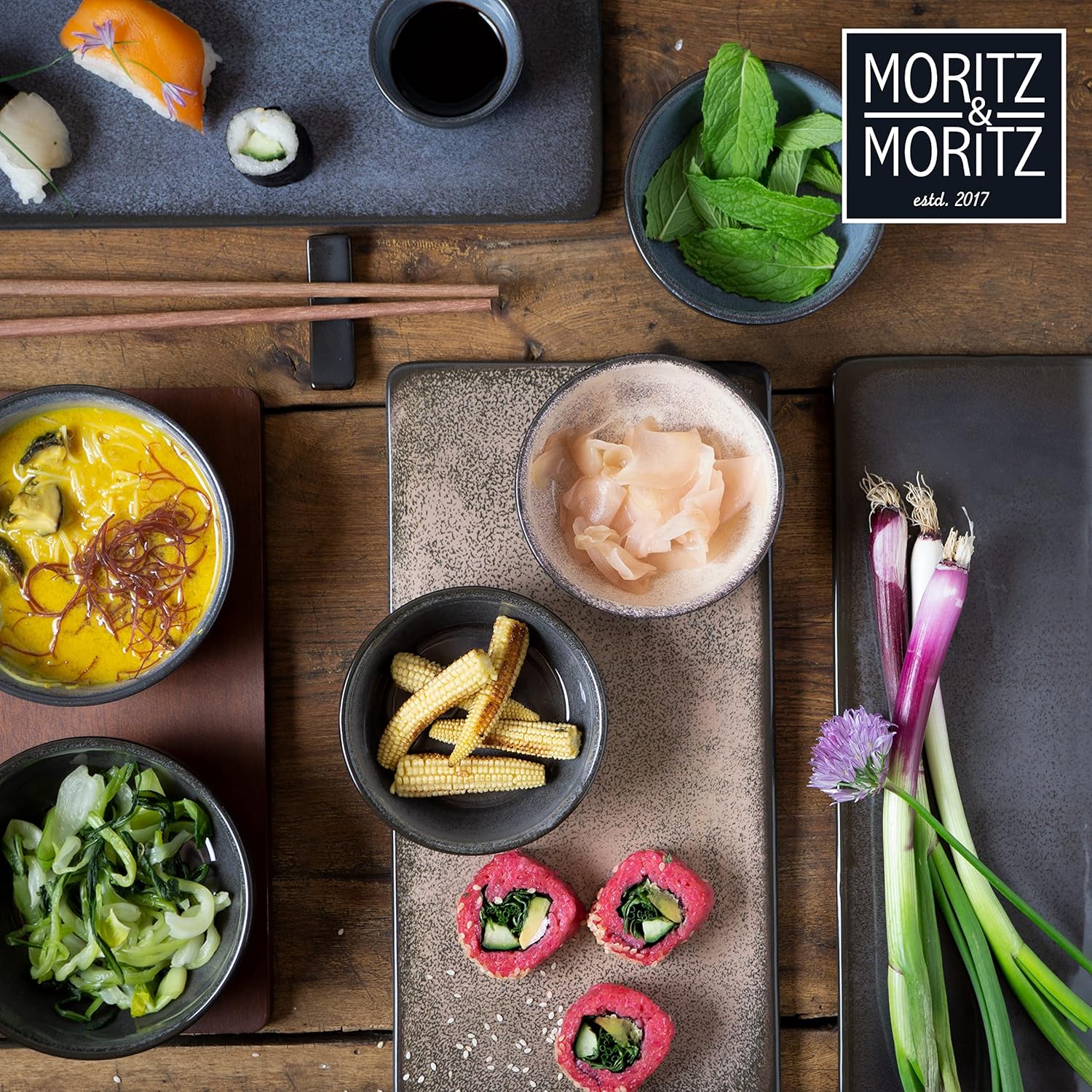 Moritz & Moritz VIDA 18-delige serviesset 6 personen, keramiek tafelservies zwart-beige, vaatwasser-, magnetron- en krasbestendig, borden set met 6 platte borden, 6 soepborden en 6 ontbijtborden VOLLEDIGE-SET - 18-delige bordenset bestaande uit 6 platte d