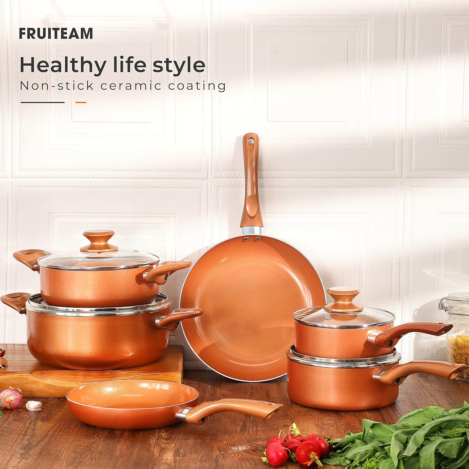 FRUITEAM 10 stks Kookgerei Set Keramische Nonstick Koekenpannenset Multifunctionele 10-delige kookgerei SetFRUITEAM keukengerei set bevat 8" & 10" koekenpan, 1,25-quart & 2-quart saus pan met deksel, 2,59 quart & 4,5-quart bouillonpot met deksel, voldoen
